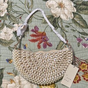 A New Day Elegant Pearl-Embellished Tan Clutch